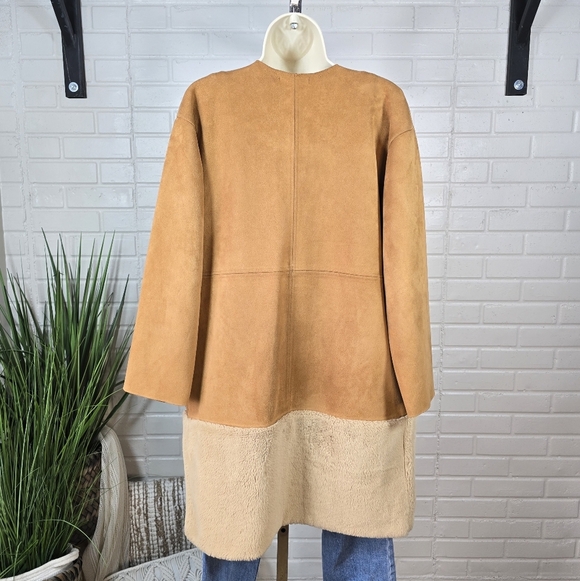 Zara Faux Suede Tan and Cream Fur Trimmed Jacket Oversized Small - Picture 6 of 13